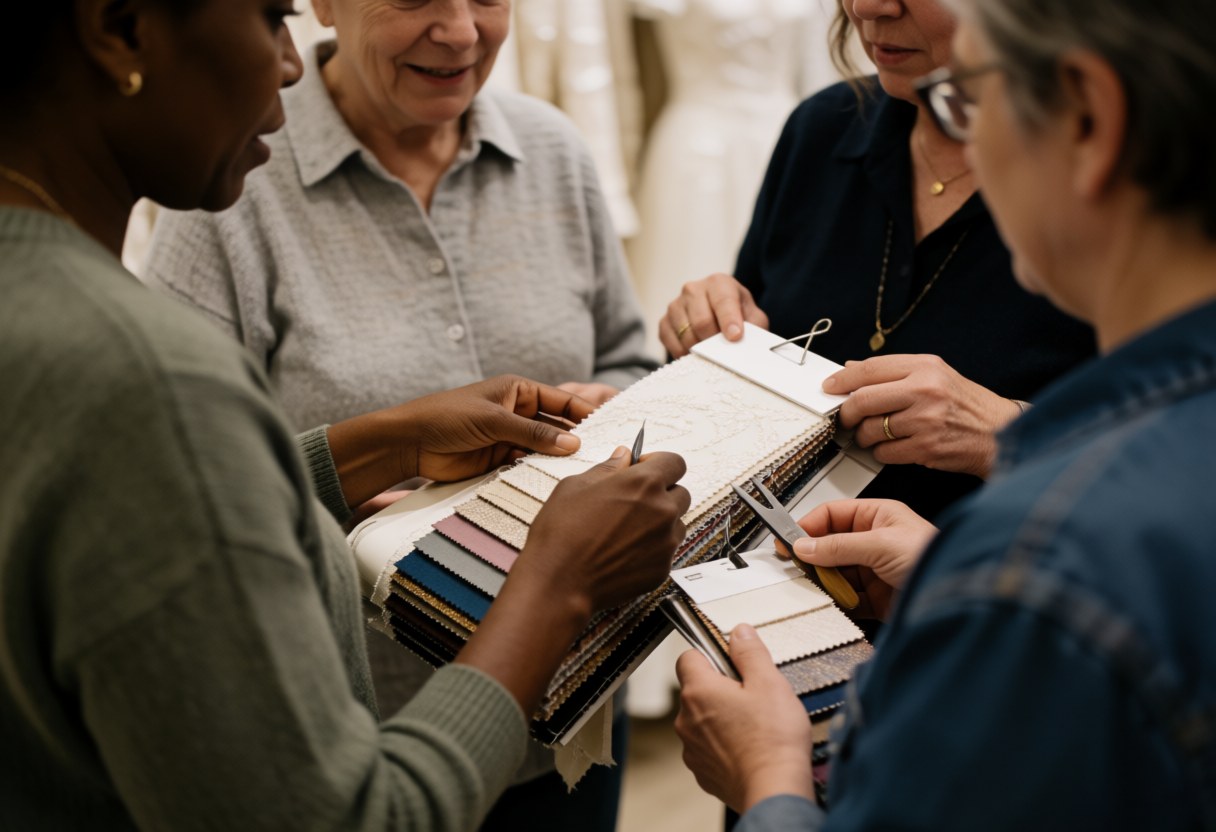 A fashion consultant displays fabric samples to four female clients in a warm, professional retail environment.