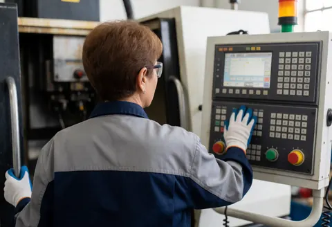 A professional female operator wearing safety glasses and gloves monitors the CNC machine controls in a manufacturing facility