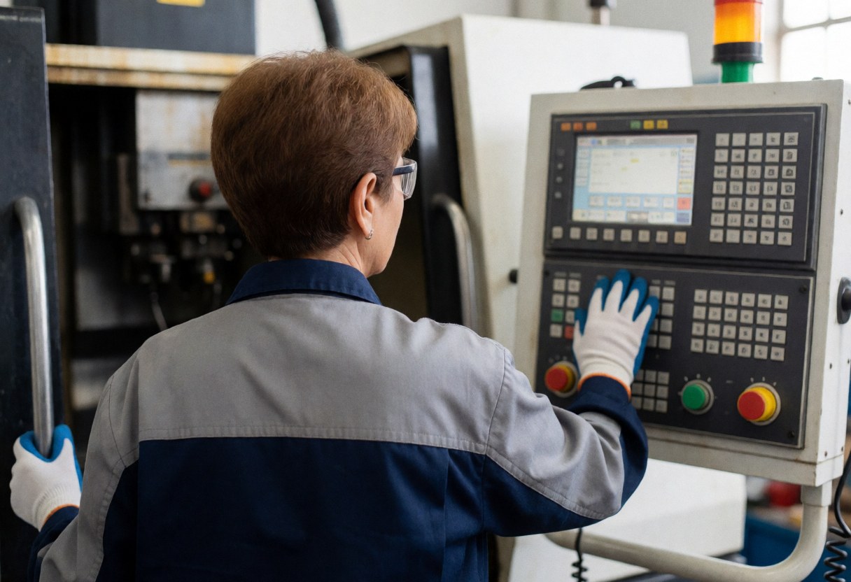 A professional female operator wearing safety glasses and gloves monitors the CNC machine controls in a manufacturing facility