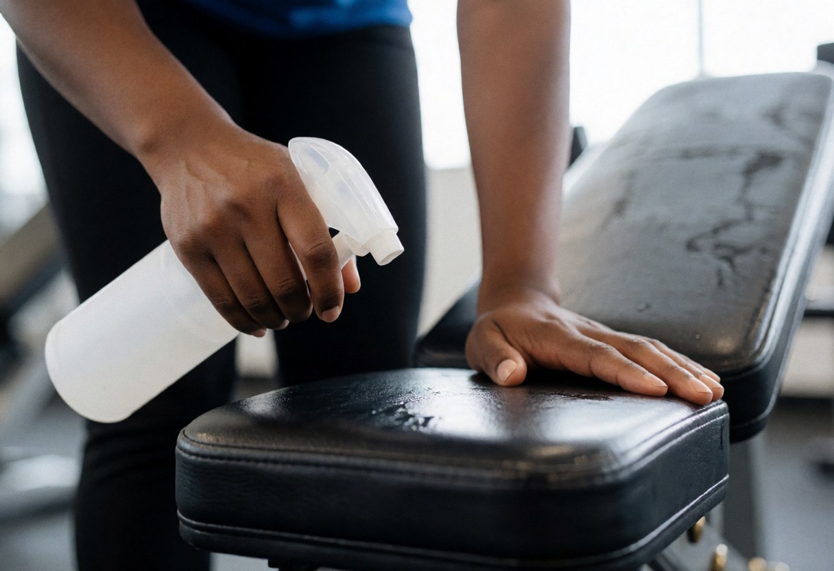 Close-up of hands wiping a gym bench with disinfectant, highlighting hygiene and maintenance in a fitness facility with a blurred background.