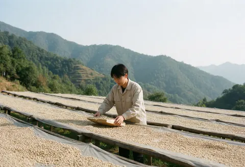Rows of coffee beans spread out on raised drying beds under the sun at a coffee farm with mountains in the background