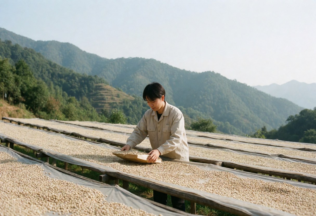 Rows of coffee beans spread out on raised drying beds under the sun at a coffee farm with mountains in the background