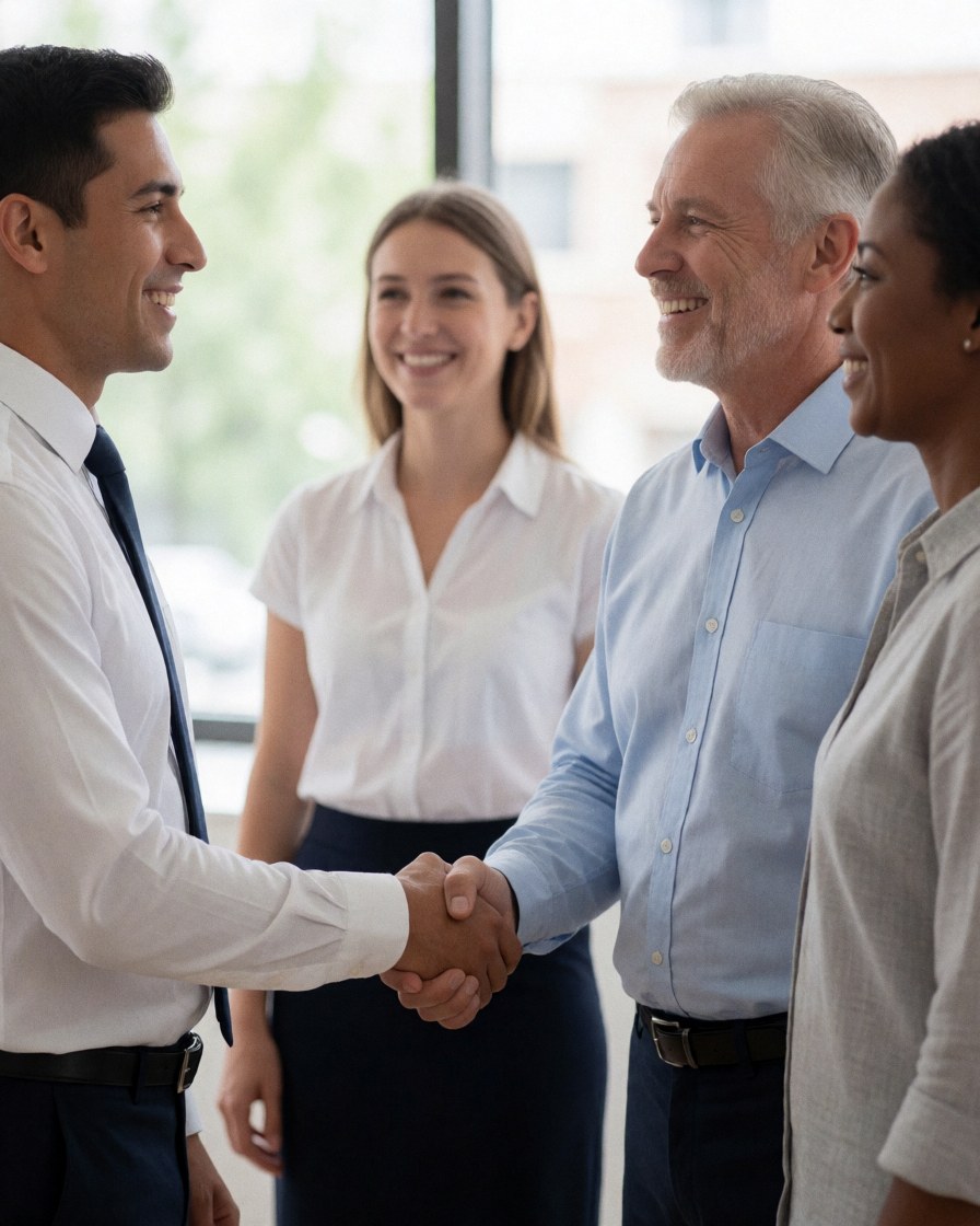 Two smiling men shaking hands in an office with two smiling women in the background under natural light