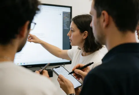 Female instructor teaching coding to students in class, hands working on screen and phone, professional and focused work environment.