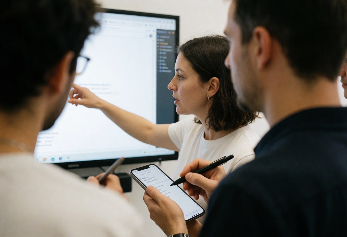 Female instructor teaching coding to students in class, hands working on screen and phone, professional and focused work environment.