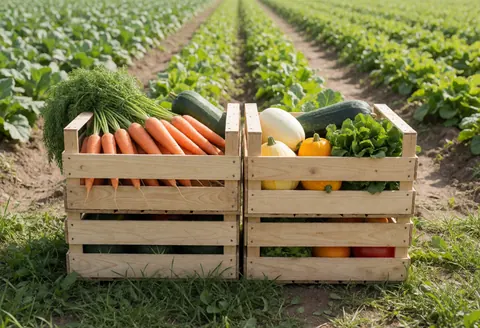 A fresh daily harvest of vegetables including carrots, zucchini, and lettuce displayed in wooden crates on a farm path