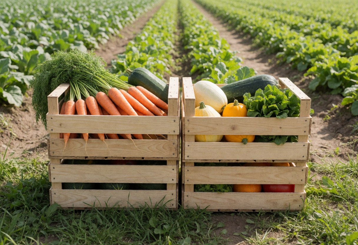 A fresh daily harvest of vegetables including carrots, zucchini, and lettuce displayed in wooden crates on a farm path