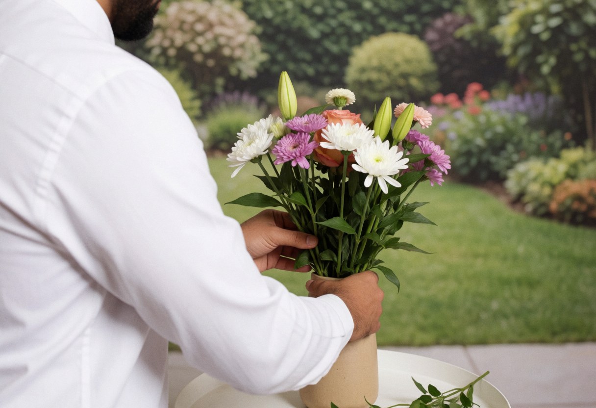 A man in a white shirt arranges a bouquet of flowers in a garden, demonstrating attentive customer service at a hotel or restaurant.