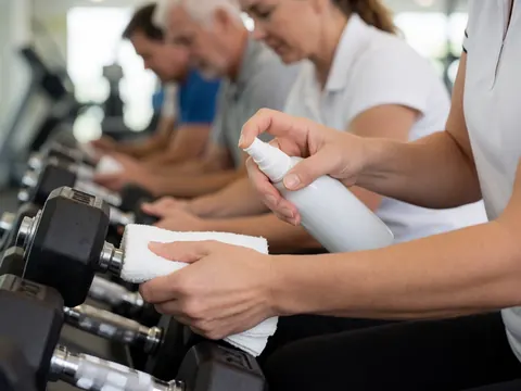 Close-up of gym staff hands sanitizing dumbbells with disinfectant and a white towel, emphasizing hygiene and equipment care in a fitness center.