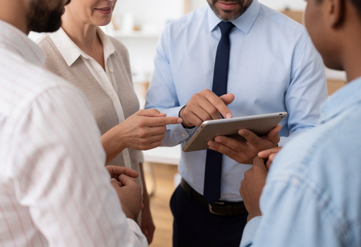 A professional trainer holds a tablet while explaining information to a client during a business training session in a studio setting.
