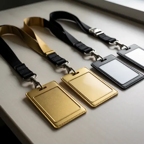 Gold and black security badges with lanyards arranged on a professional office desk surface for business identification and safety purposes