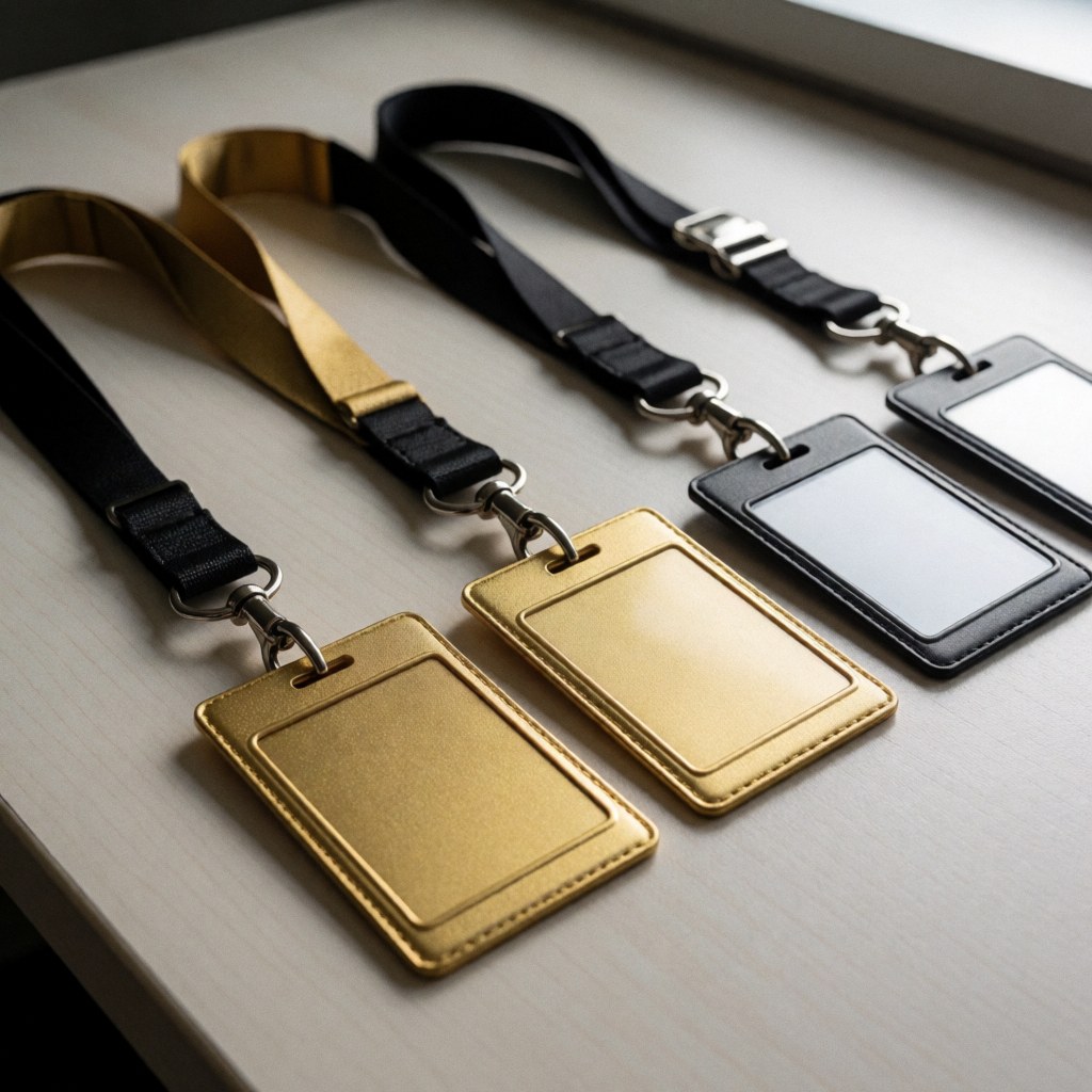 Gold and black security badges with lanyards arranged on a professional office desk surface for business identification and safety purposes