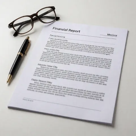 A financial report document lies on a white office desk alongside eyeglasses and a pen, symbolizing corporate banking and business administration.