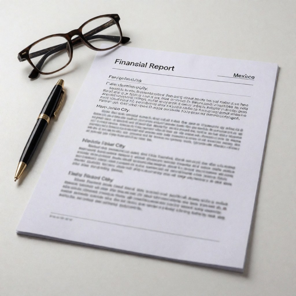 A financial report document lies on a white office desk alongside eyeglasses and a pen, symbolizing corporate banking and business administration.
