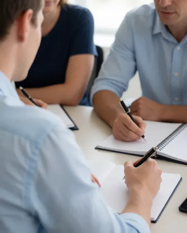 A student writing notes in a notebook with a pen during a professional training session or business presentation