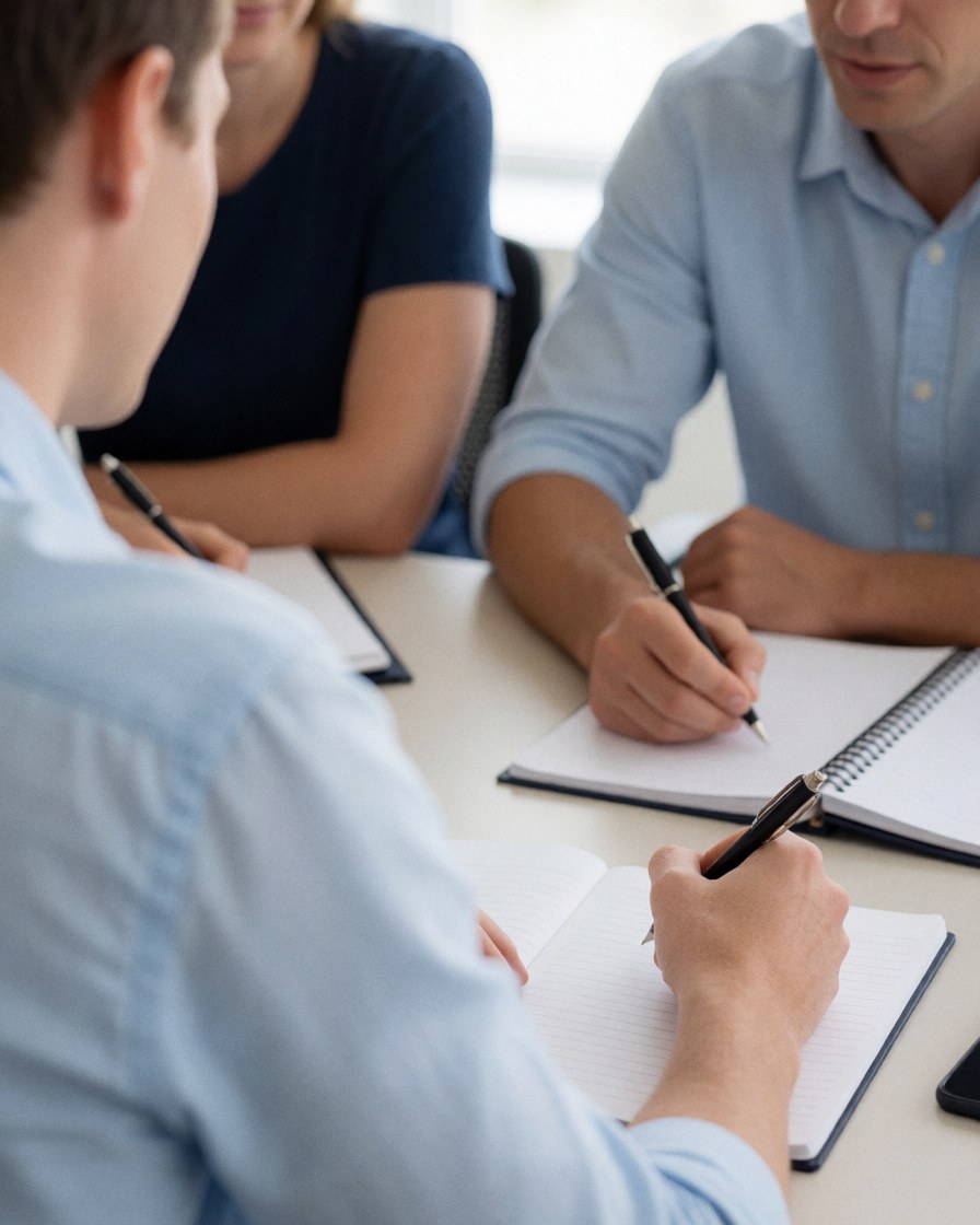 A student writing notes in a notebook with a pen during a professional training session or business presentation