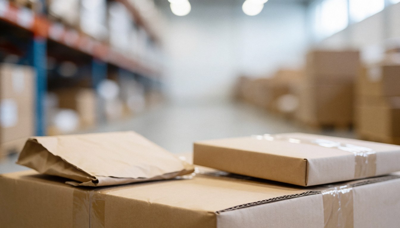 Abstract background suitable for text overlay in an online store context, featuring blurred elements of packaging and logistics.