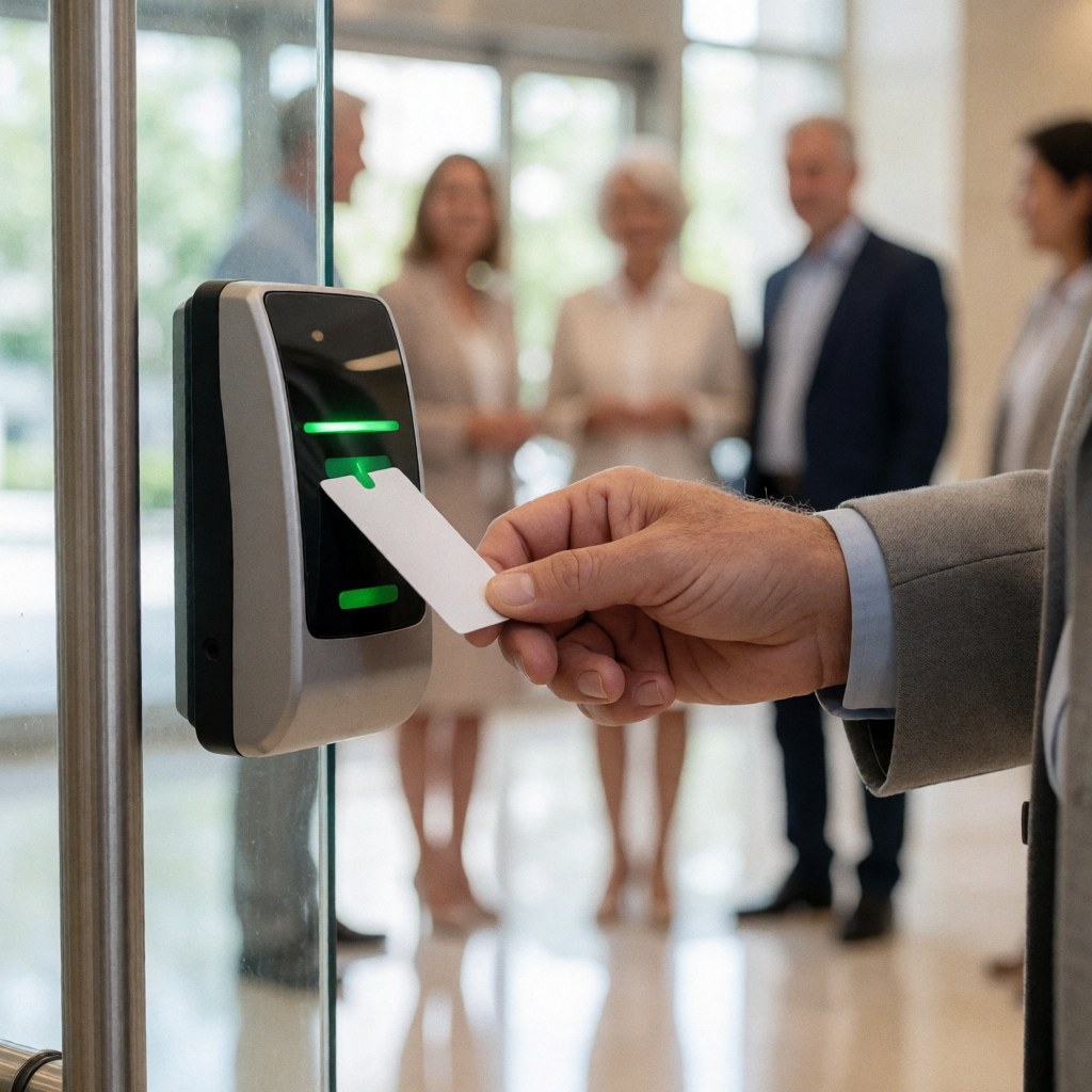 Close-up of an adult hand presenting an access card to a security reader in a modern office with blurred background and polished floor reflections