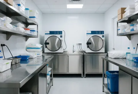 Clean and organized clinical laboratory interior featuring two autoclaves, stainless steel worktables, shelves with sterile materials, and white walls.