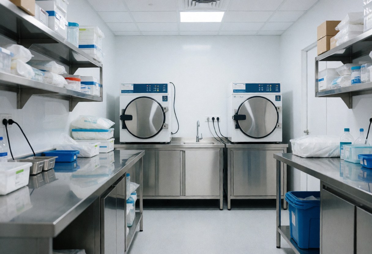 Clean and organized clinical laboratory interior featuring two autoclaves, stainless steel worktables, shelves with sterile materials, and white walls.