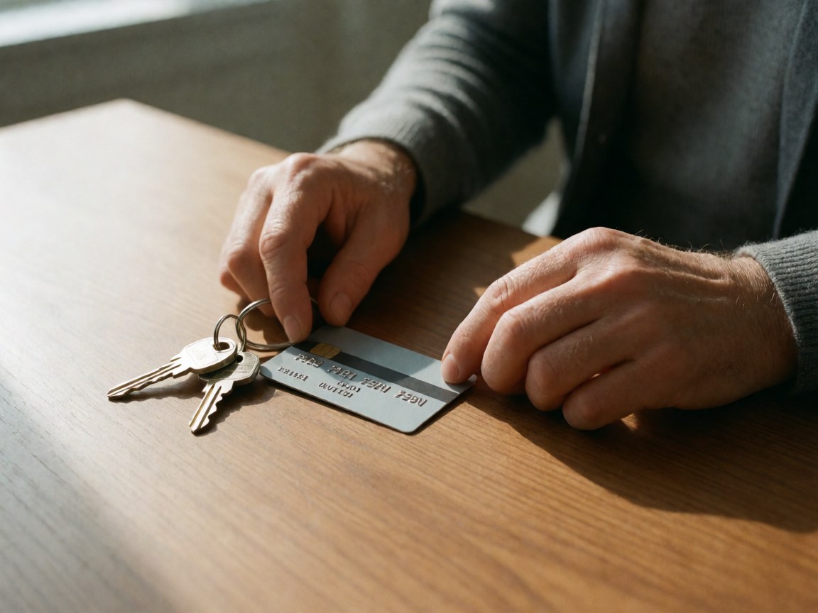 Adult hand holding a credit card and a set of keys on a light wooden table with natural lighting