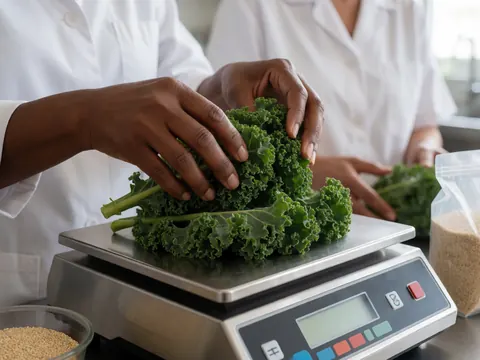 A close-up view of a hand placing fresh green kale and other vegetables onto a white digital kitchen scale for precise measurement during food preparation.
