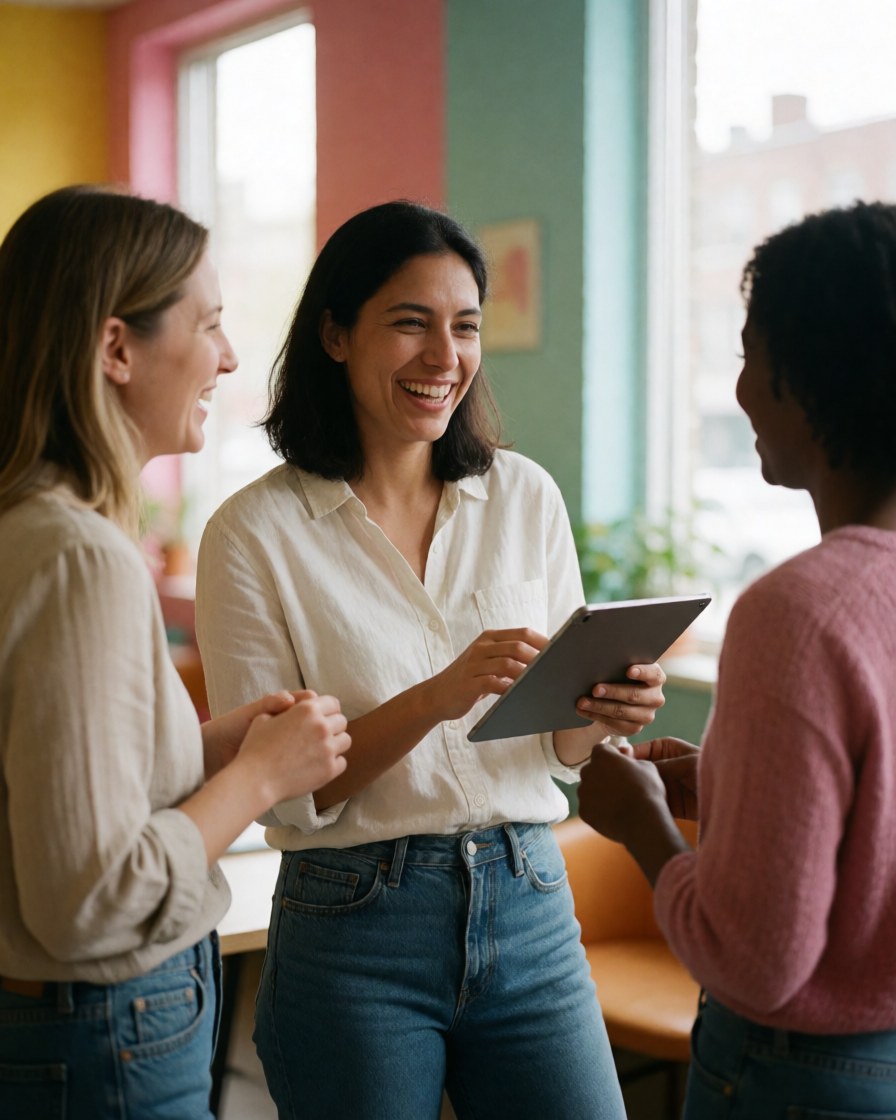 A diverse creative team gathers around a tablet in a bright office, collaborating and smiling during a productive team meeting.