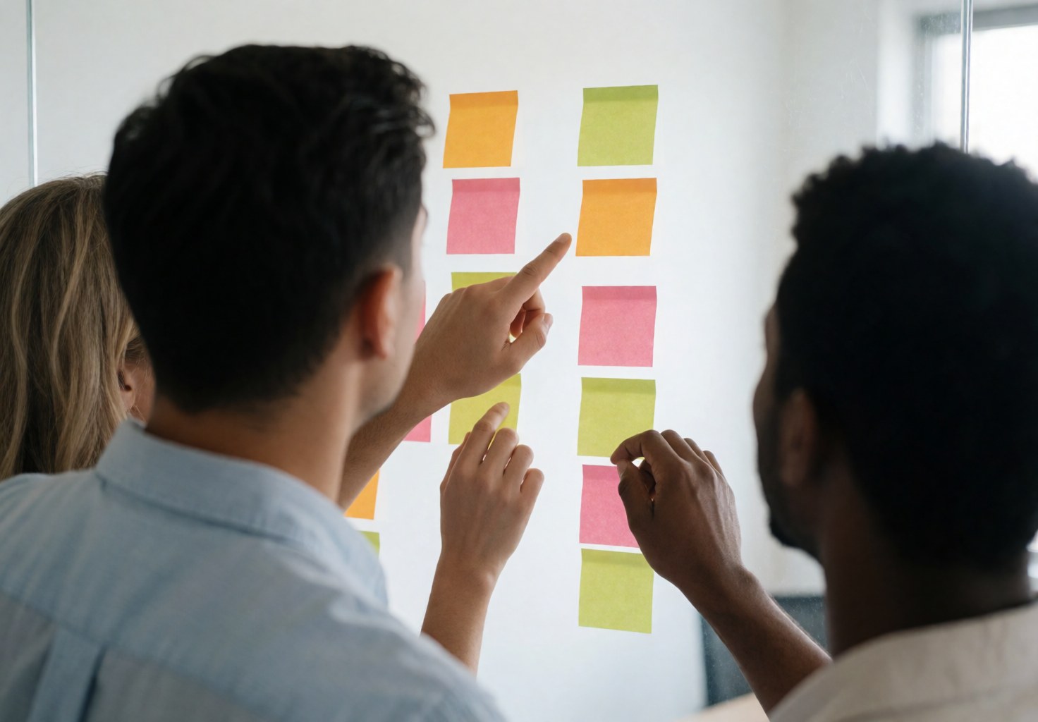 Three people organizing colorful sticky notes on a white wall during a professional team meeting.