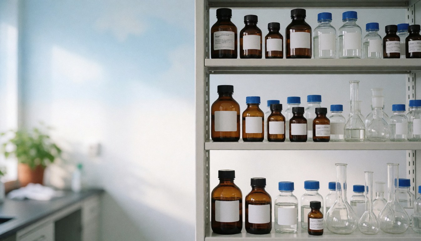 Metal shelving unit holding glass bottles and chemical reagents in a clinical lab with soft natural light and a plant in the corner