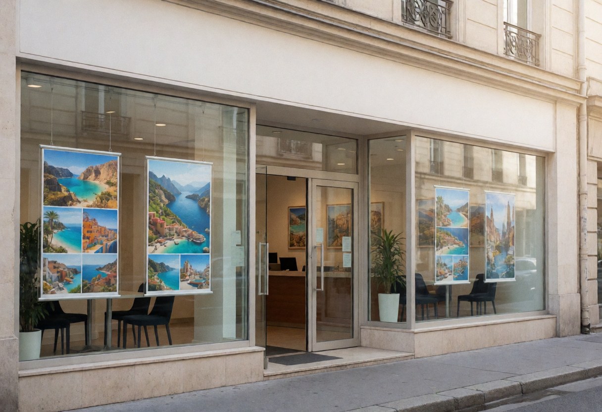 Modern travel agency facade featuring large windows displaying tourist destination posters, glass entrance doors, and a visible interior with chairs and plants.