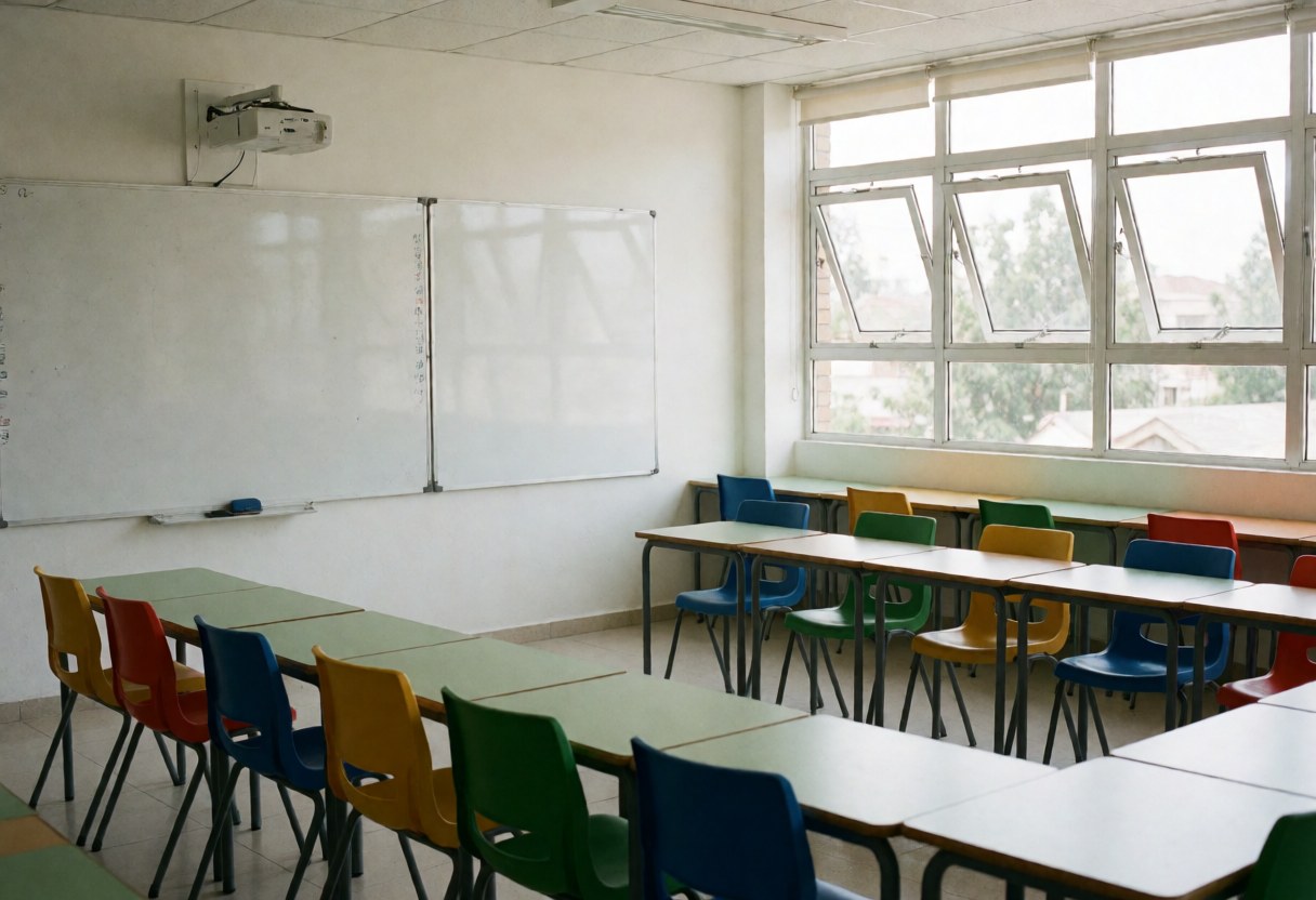 Bright empty language school room featuring a whiteboard, open windows, and colorful chairs, ideal for educational centers.