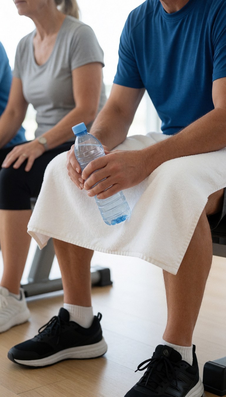 Adult resting on a gym bench with a white towel and water bottle, wearing black sneakers, bright clean background, professional lighting