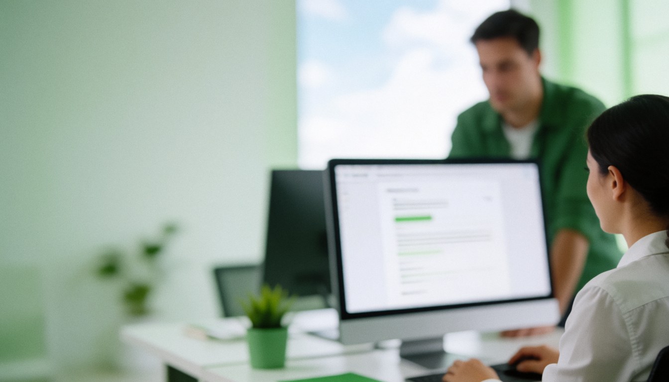 Clean modern office space featuring computers, green walls, and ample white text area on the left for marketing content.