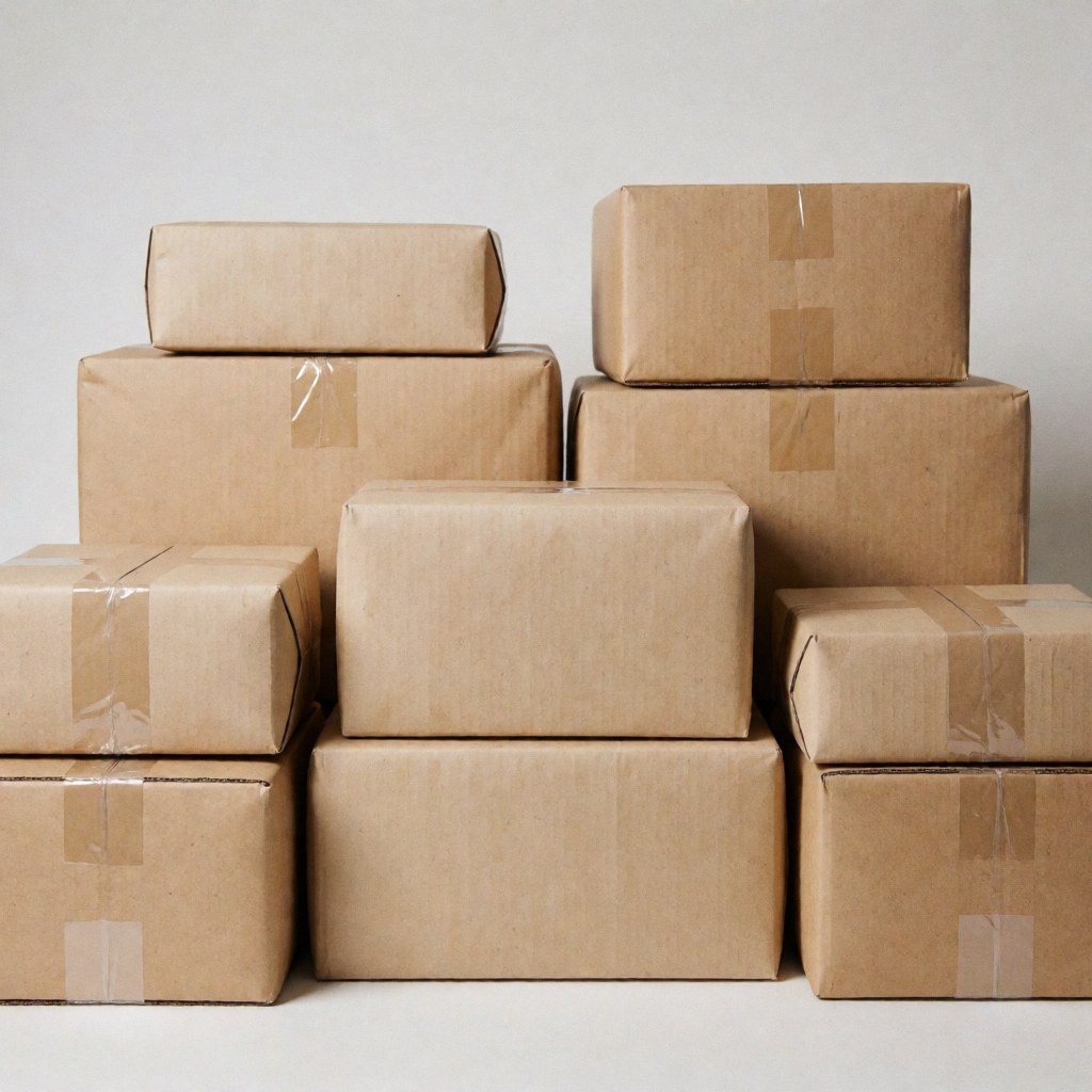 Stacks of sealed cardboard boxes ready for dispatch in a busy warehouse, symbolizing efficient online store logistics and fast delivery services for ecommerce businesses.