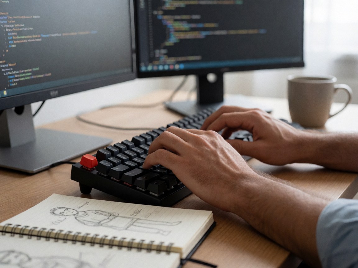 Close-up of developer hands typing code on a black mechanical keyboard with dual monitors, sketchbook, and coffee cup on a wooden desk.