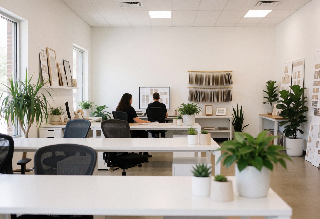 Modern office with white desks, green plants, and people working on computers, clean and professional atmosphere for events and weddings.