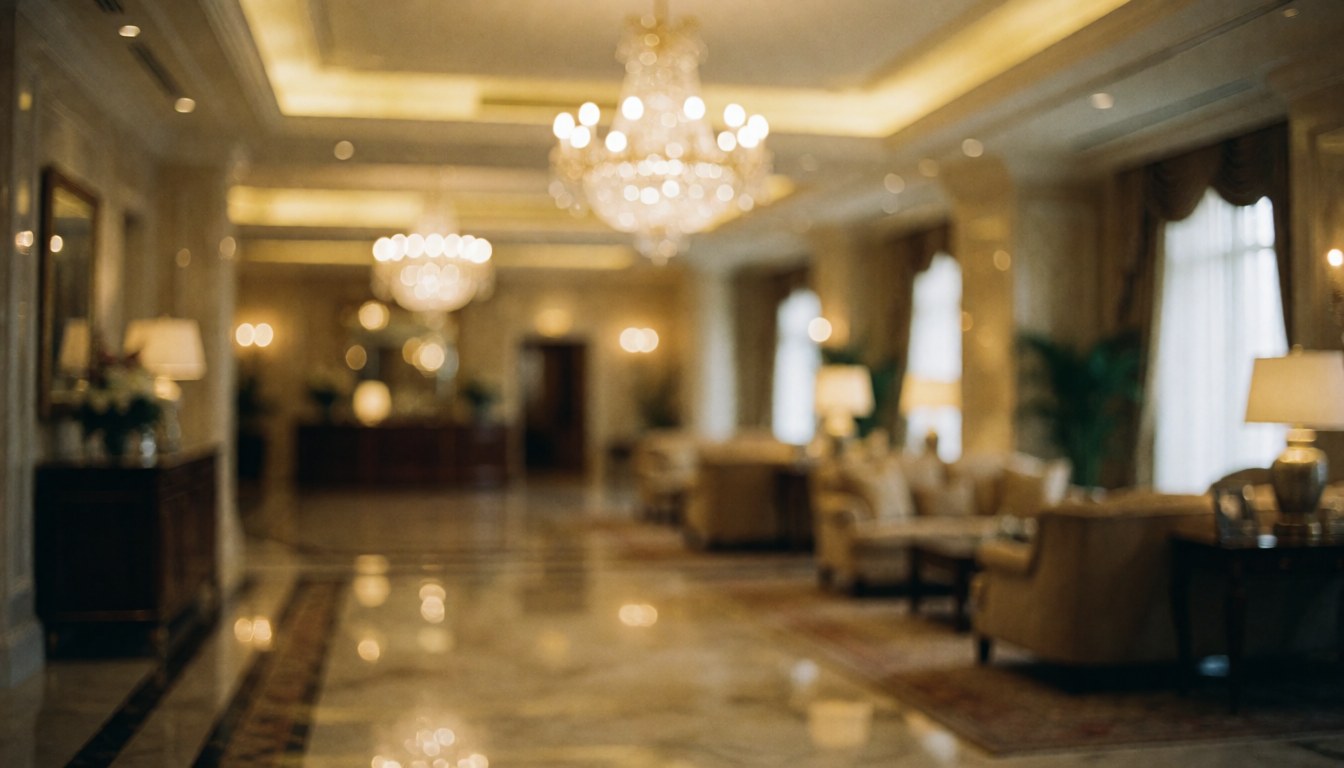 Elegant hotel lobby featuring marble flooring, warm lights, sofas, and chandeliers, creating a professional atmosphere for corporate text backgrounds.