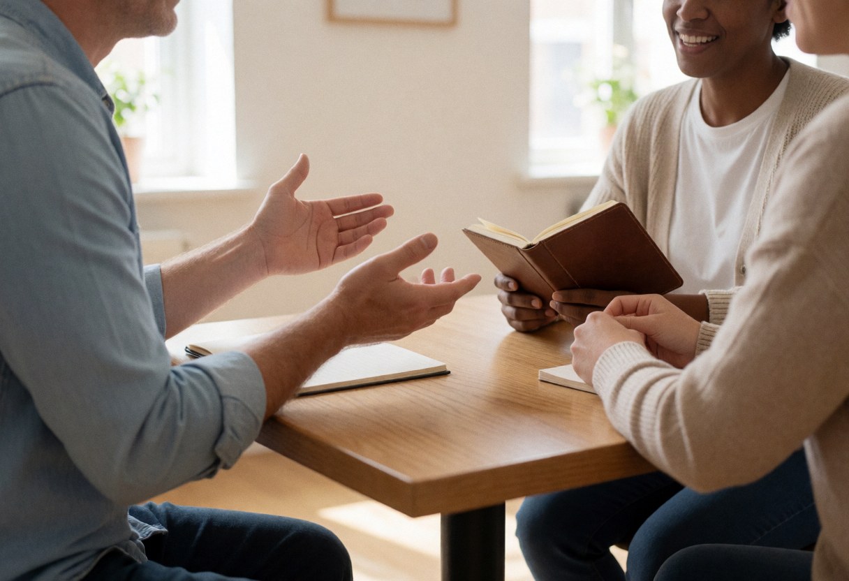 Two language students interact at a wooden table, one speaking with gestures while the other listens attentively with a notebook, capturing a realistic learning environment.