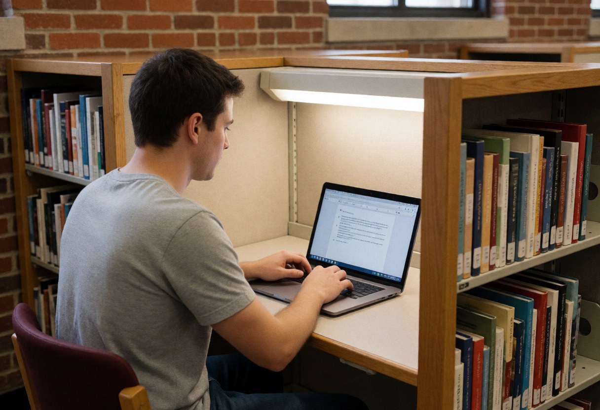 Young student using a laptop at a library carrel surrounded by books with a brick wall background