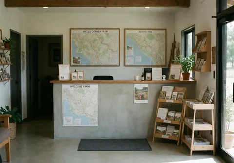 Clean modern reception desk with farm maps, brochures, and plants, illuminated by natural light, ready to welcome visitors.