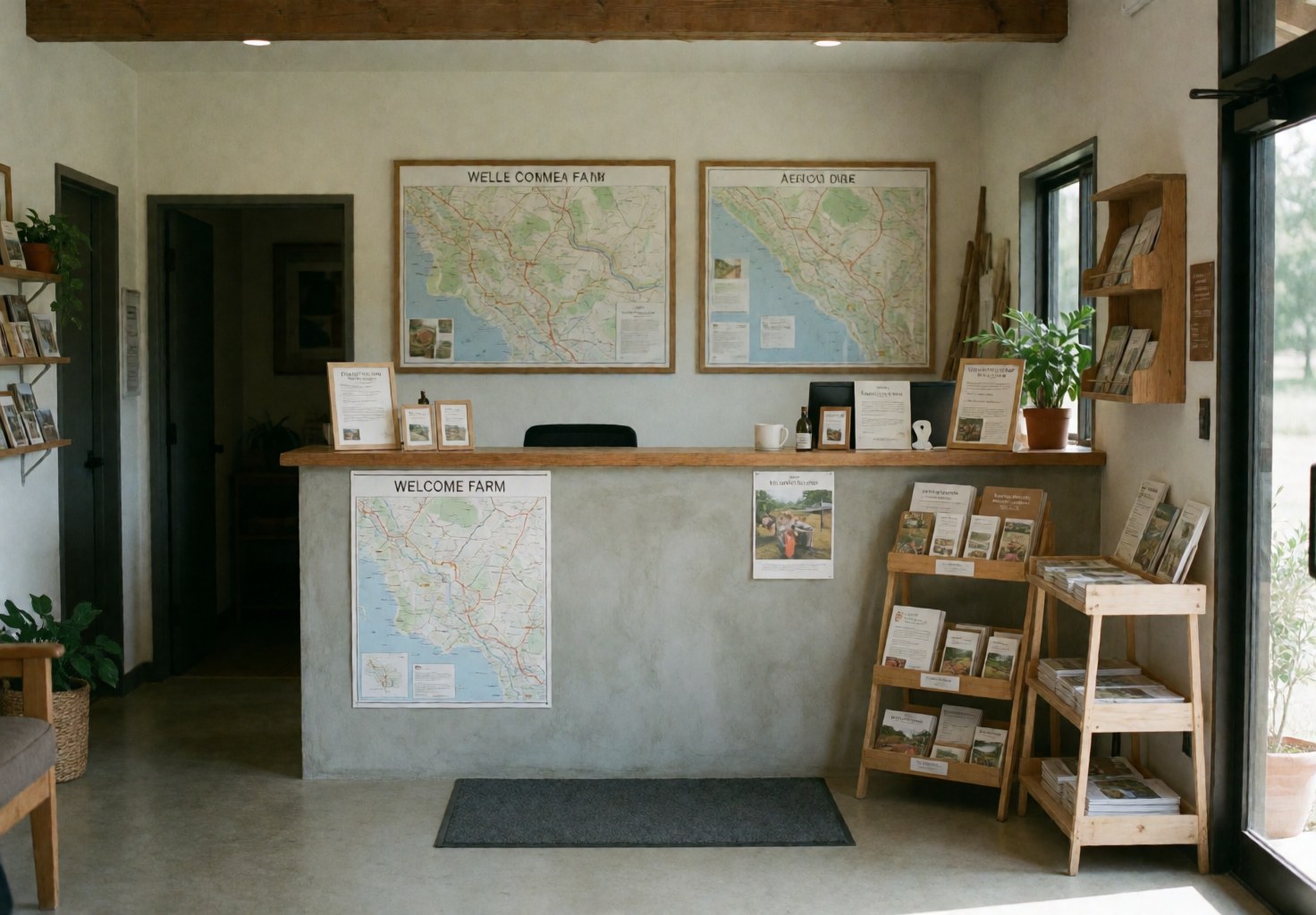Clean modern reception desk with farm maps, brochures, and plants, illuminated by natural light, ready to welcome visitors.