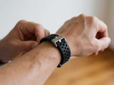 Detailed view of a smartwatch clasp featuring a black perforated strap and shiny metal, held in hand against a warm wooden background with natural light.