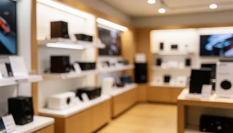 Blurred background of audio store shelves displaying electronics and gadgets, ideal for text overlays and promotional content.