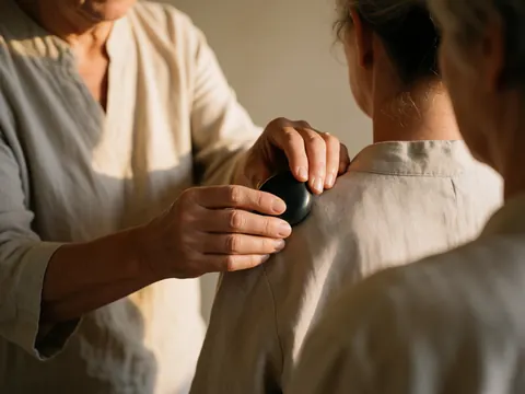 A therapist places a warm basalt stone on a client's shoulder during a relaxing session, highlighting fabric texture and warm lighting.