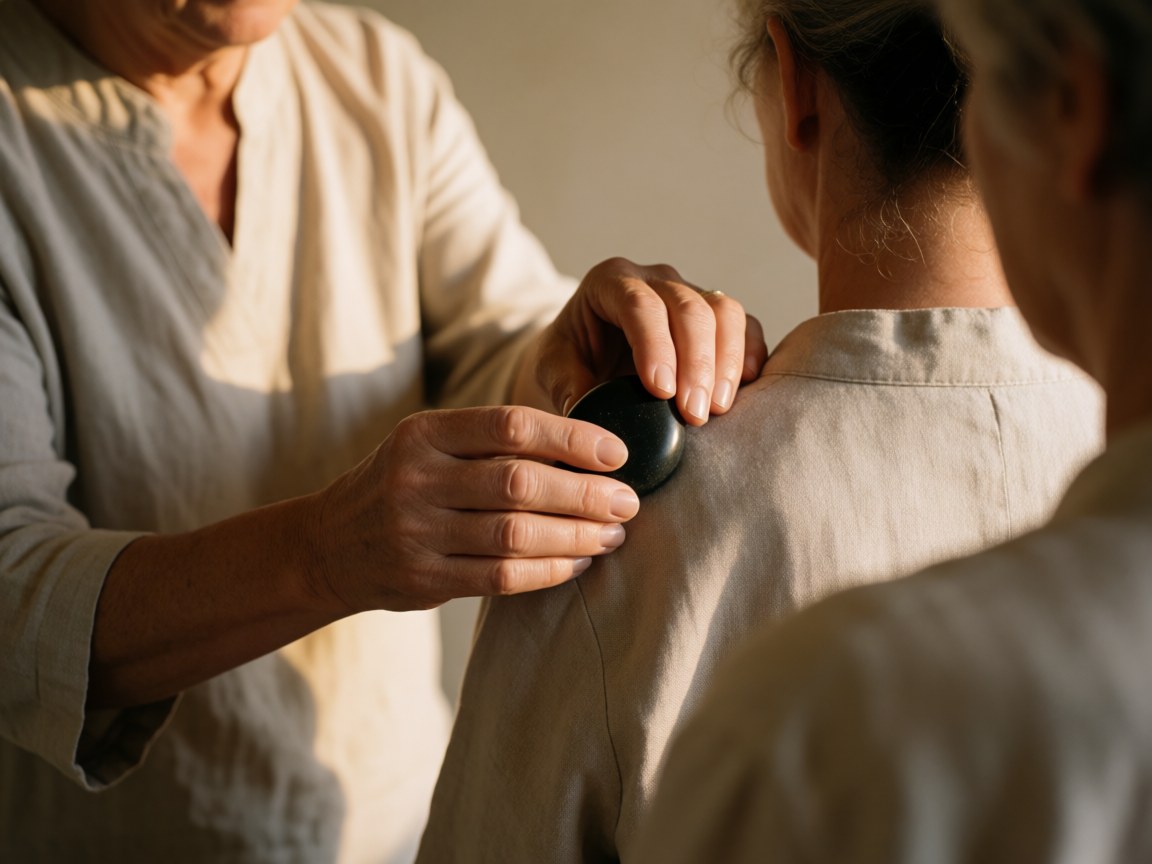 A therapist places a warm basalt stone on a client's shoulder during a relaxing session, highlighting fabric texture and warm lighting.