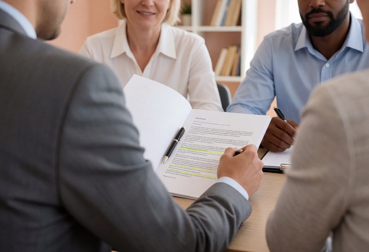 Team members reviewing a contract on an office desk with hands and document in focus, bookshelf in background, natural light.