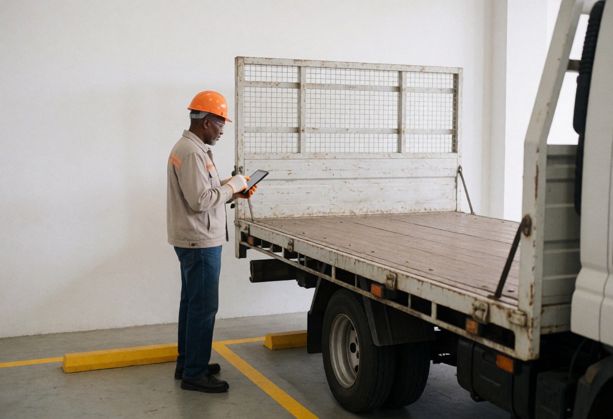 Factory worker wearing safety helmet and gloves uses a tablet to verify cargo on a parked truck in the loading zone.