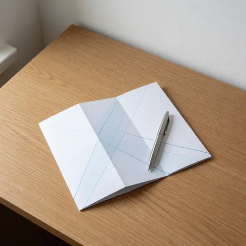 White insurance brochure with blue lines and silver pen on light wood table with natural morning light