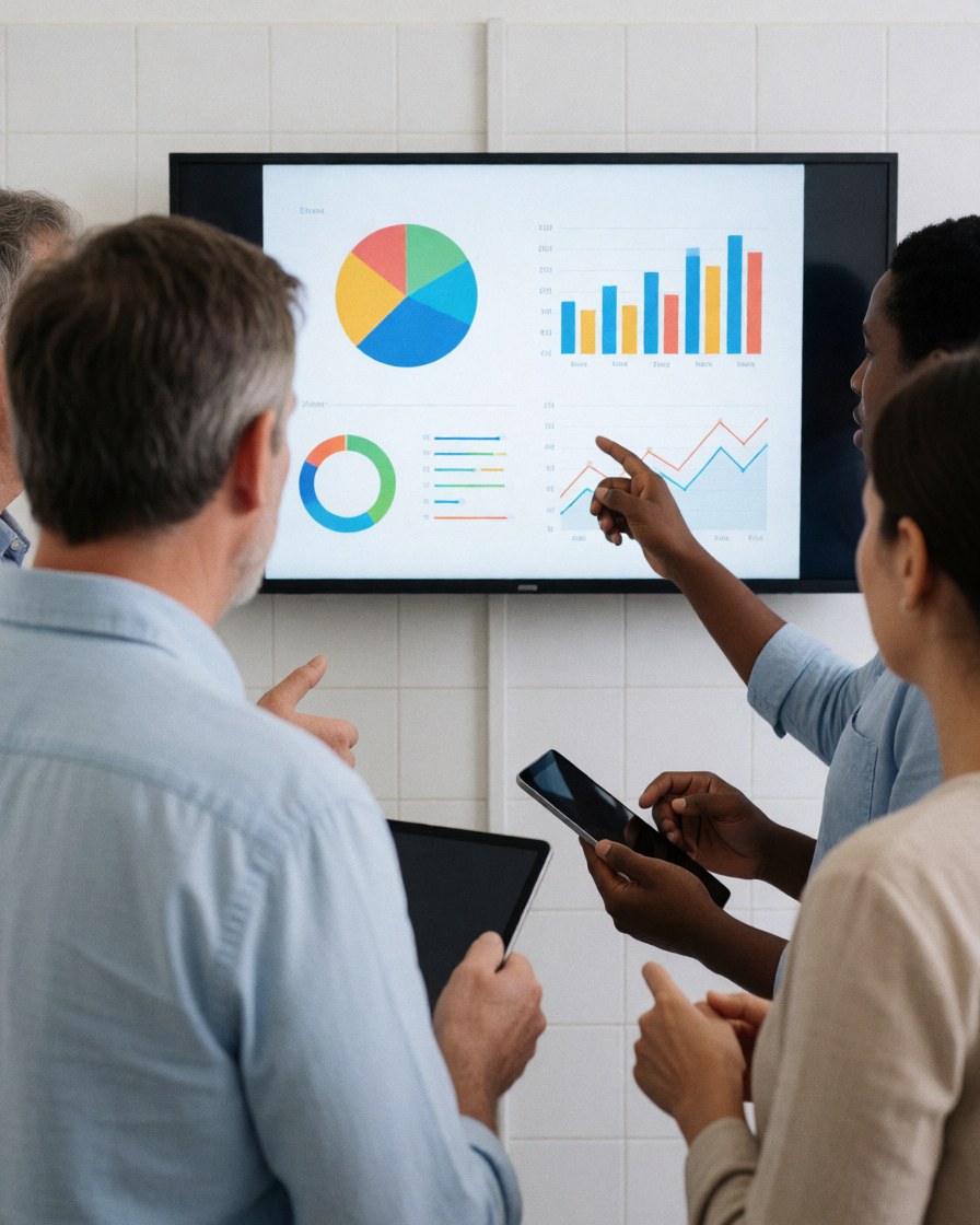 Professionals in a team meeting observing charts on a large screen, one points to data while another holds a tablet, all focused on the presentation.