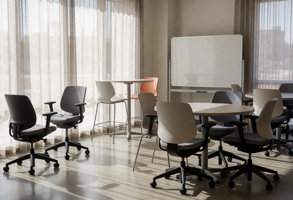 Bright modern university study hall featuring ergonomic chairs, round tables, and a whiteboard. Natural light fills the space through large windows, creating an ideal environment for focused study or collaborative team work.